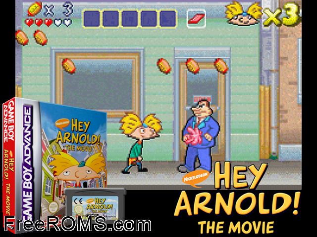 Hey Arnold! - The Movie Gameboy Advance game showing 3D box cover and gameplay screenshot